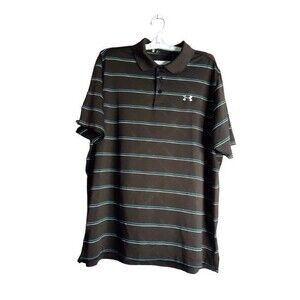 Under Armour Men XL Black Blue Stripe Polo Short Sleeve Loose Fit Heat Gear
